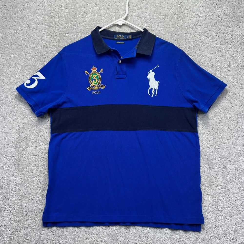 Polo Ralph Lauren Polo Shirt Mens L Blue Big Pony Custom Slim Fit Embroidered